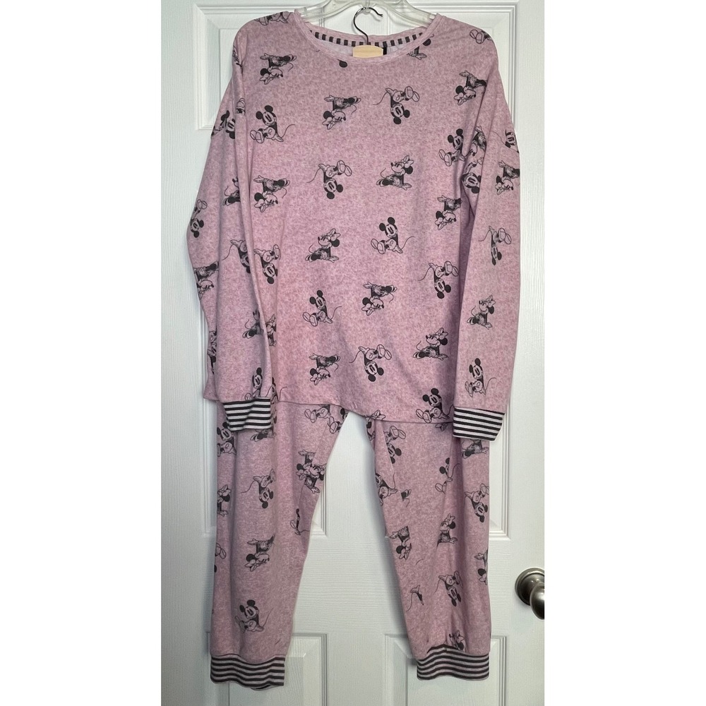 Disney Pajama Set Women‎ XL Pink Mickey Minnie Mouse Long Sleeve Cuffed